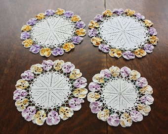 Doily Lot 4 Vintage Crocheted Doilies with Pansies