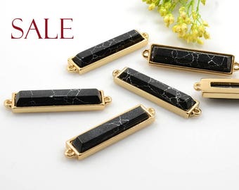 CLEARANCE! Black Marble Gemstone Connector / Pendant with Black Marble stone in Gold Plating