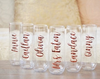 Personalized Stemless Plastic Champagne Flutes - Sustainable | Bridesmaid Proposal Gift Box | Bachelorette Girls Night Out | Picnic | Patio