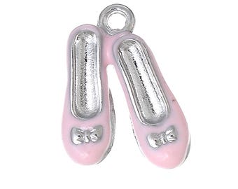2 pcs Pink Enamel Ballet Shoe Charm, silver ballet slipper, dance, USA