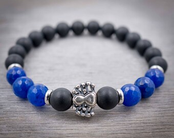 Mens black bracelet Black onyx bracelet Blue jade bracelet Matte black & Sterling silver spider bracelet Mens mala bracelet Wrist mala beads