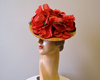 1940s Red Poppy Straw Tilt Hat