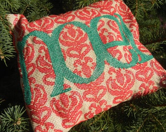 Green Noel on Red Damask Motif - Handmade Finished Cross Stitch Christmas Pillow, 32x30 cm, 128x122 stitches