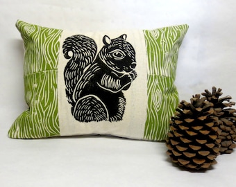 Squirrel and Wood Print Pillow - Woodland Squirrel and Wood Grain Print Pillow