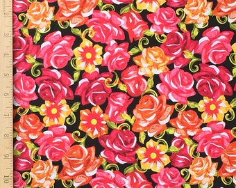 Festive Sugar Skull Rose Fabric, Sugar Skull Roses on Black Cotton Fabric, The Day of the Dead Fabric