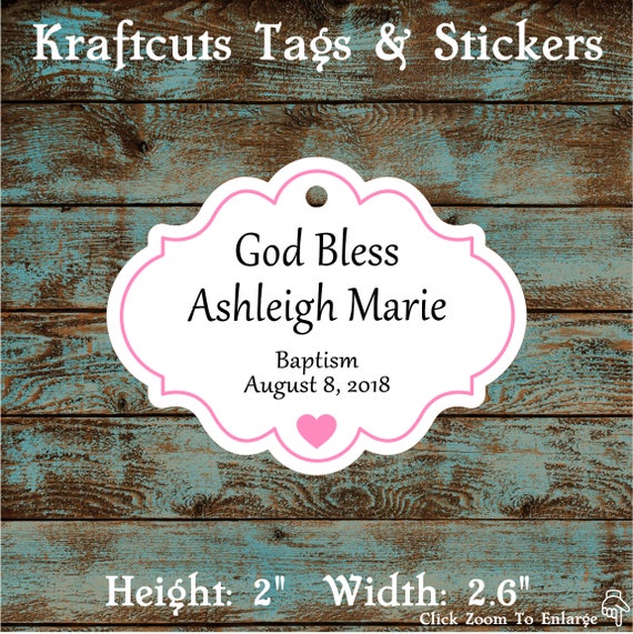 Personalized Favor or Gift Tags - God Bless Baptism Tags with Pink Border #770 - Quantity: 30 Tags