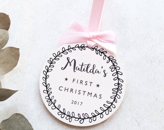 Personalised Baby’s First Christmas Bauble Christmas Decotation – Pink