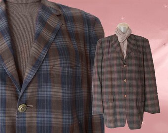 Madras Blazer Mens Brown Sport Coat Mid Century Vintage Lightweight Jacket for Men 60s Washable Lined Blazer Loose Fit Green Gift for Him