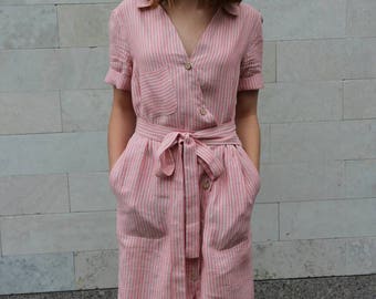 Striped linen dress, wrap linen dress, made to order