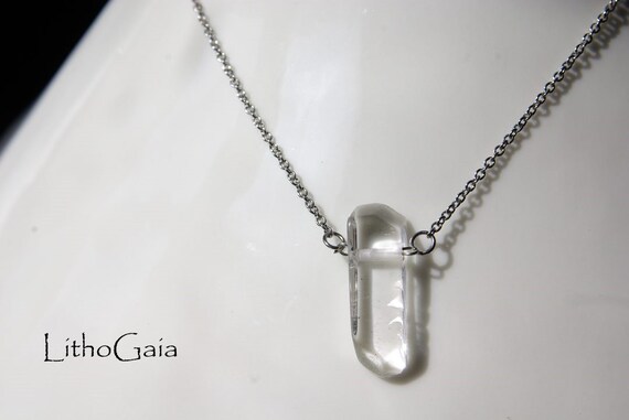 Crystal Point Necklace, Leather Choker & Stainless Steel Chain, Crystal Jewelry, Gift for Her, Raw Crystal Point Gemstone, Bar Necklace,