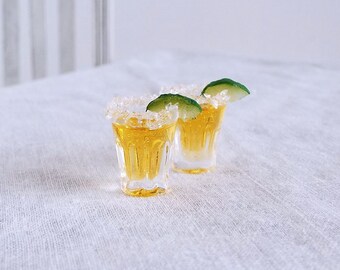 Miniature Shots - TWO Tequila Gold Shots with Lime Wedge and Salt - 1:6 Scale Realistic Drinks for Fashion Dolls and Action Figures