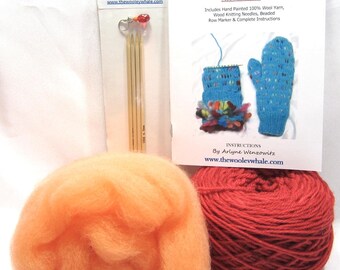 Thrummed Mitten Kit (fleece lined) 100% Kettle Dyed Wool Red and Orange