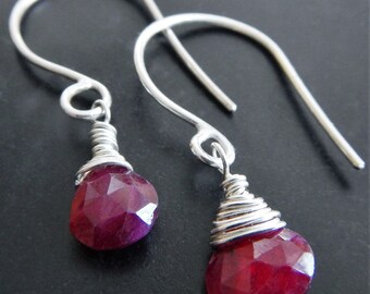 Natural Ruby and Sterling Silver Earrings, Simple Ruby Earrings, Genuine Ruby, Minimalist Earrings, Everyday Jewelry, July Birthstone