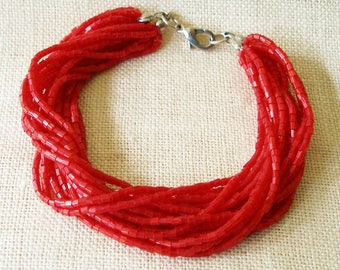 Red Bracelet, Seed Bead Bracelet, Multi Strand Bracelet