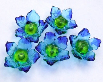 Lampwork Glass Flower Beads for Jewelry Making, 5 Blue and Turquoise Flowers, Made to Order