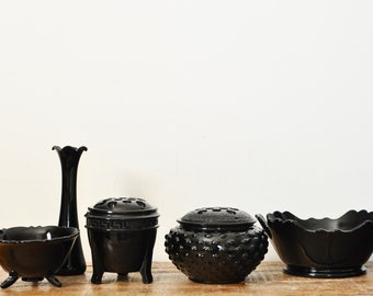 Vintage Black Amethyst Glass Lot Flower Frog Urn Bowl Vase Home Decor Collectible Display