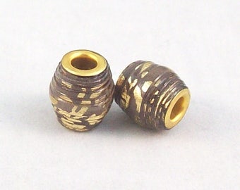 Paper Barrel Beads Handmade with Brown and Gold Paper and Gold Grommet - Sold in Pairs -12 Pairs Available