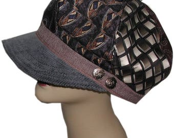 Neckties Upcycled Newsboy Hat, Recycled Neckties Hat, Newsboy Hat, Blue And Brown Newsboy Hat, Silk Hat, Recycled Newsboy Hat With Buttons