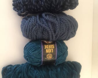 Teal and Blue mix of Assorted Yarns - 4 skeins