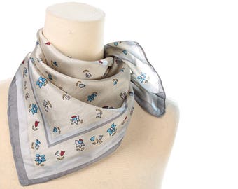 FLORAL SILK Kerchief 90s Vintage Liberty Print Small Pocket Scarf Cream White Blue Red Square Retro Neck Scarf Bold Flowers Printed Gift