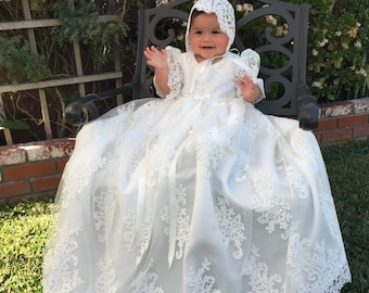 Stunning Alencon Lace Christening Gown, Baptism dress, Girls Christening Gown set