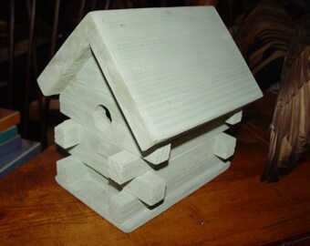 Vintage Pale Green Log Cabin Birdhouse, Rustic Bird House ~ Handmade Garden Charm