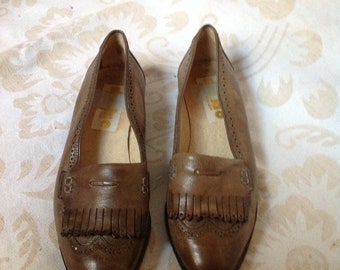70s Grey Loafers Khaki Fringe Slip Ons US 5,5 EU 36 UK 3,5