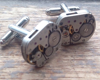 steampunk clockwork cufflinks jeweled vintage upcycled art sculpture gemstones rubies