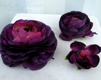 Wedding hair accessories Plum purple ranunculus bobby pins set of 3 Bridal hair flowers