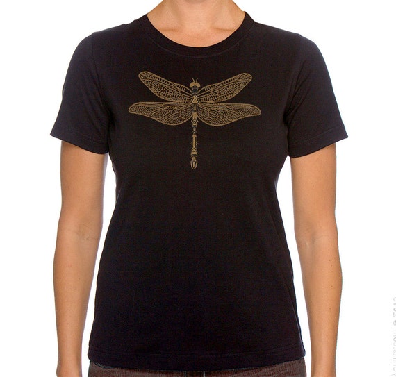Dragonfly Women's Plus size Black T-shirt Gold Print