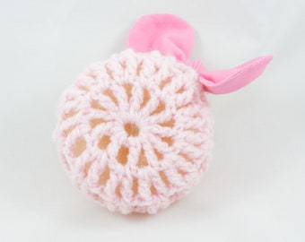 Pink Crochet Ballet Bun Cover with Bow - knit/bun wrap/hair accessories/kawaii/ballerina/handmade/boho/snood/gifts for her