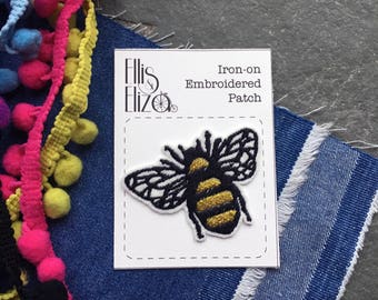 Metallic Gold Bumble Bee Embroidered Patch - Sew On - iron on - Wool Felt - patch game - festival - save the bees - manchester bee -