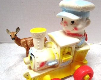 Vintage Edward Mobley Rubber Squeaky, Train Squeak Toy, Lil' Choo the Happy Engine Large, Arrow Rubber + Plastic Corp, Squeaky Toy Engineer