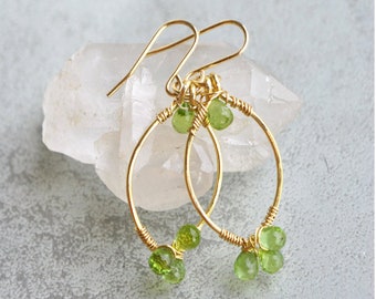 Real - hoop earrings gold and green stone - August birthstone jewelry - gift for MOM mothers day