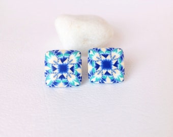 Modern Earrings , Polymer Clay Earrings , Everyday earrings , Stud earrings , Geometric earrings , Blue Green White earrings