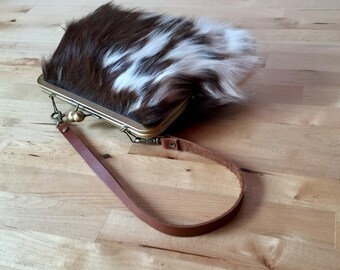 Cowhide clutch, hair on hide clutch, leather clutch with strap, kiss lock frame purse, fur clutch