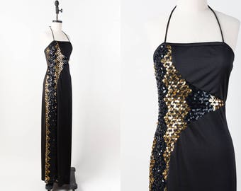 70s Dress - Vintage 1970s Disco Dress - Black & Gold Glam Sequin Maxi Dress with Halter Straps and Thigh High Slit - Ultra Long Length - M
