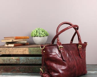 Large Leather Purse, Antique Brown and Vintage Wine