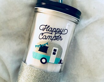 Happy Camper Glitter Mason Jar Tumbler