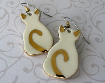 Cat Earrings White Dangle Handmade Porcelain Jewelry Ceramic