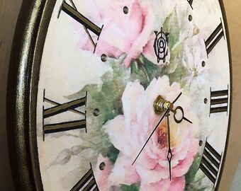 Large Wall Clock, Wood, Vintage Style Wall Clock, French Country Wall Decor, Unique Wall Clock PINK ROSES