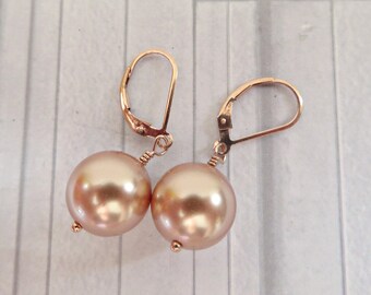 Rose gold pearl earrings, Swarovski rose gold pearl earrings, Pearl dangle earrings, Rose gold filled earrings, Pearl rose gold earrings
