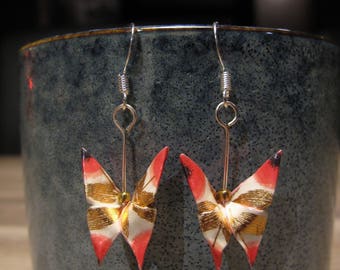 Origami paper butterfly earrings white red & gold