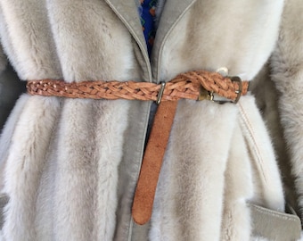 Vintage Brown Leather Woven Belt Thin Braided Belt with Brass Buckle
