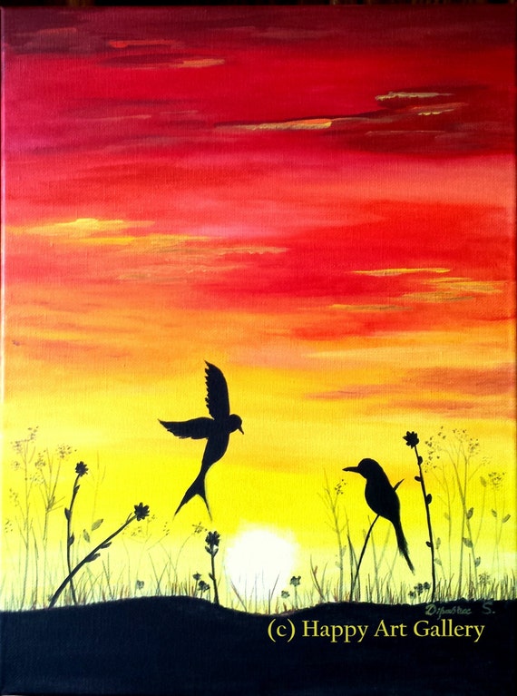 Sunset Birds-Vibrant Sunset scene birds returning to nests