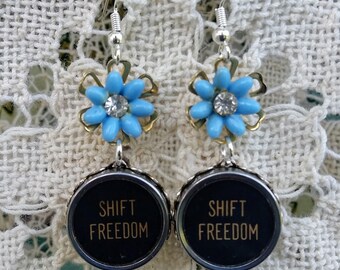 Antique Typewriter Key Jewelry, Shift Freedom Earrings, Black Dangle Earrings, Gift for Writer, Blue Flowers, Vintage Flower Key Earrings