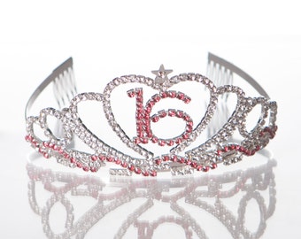 Sweet 16 Tiara, 16th Birthday, Rhinestone Crystal Silver and Pink Crown, Accessories, Party Supplies & Ideas, Sixteen Sixteenth