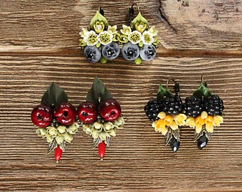 Cherry earrings Blackberry earings Blueberry earrings Berries earings Flower earrings Fruit earrings Handmade polymer clay earring