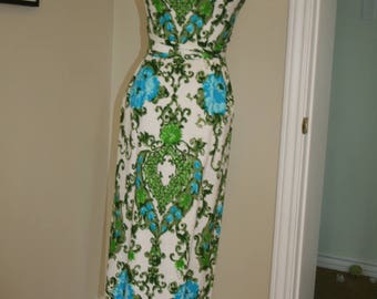 1960s 60s paisley maxi dress blue green