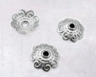 50 x Embossed Stainless Steel 11mm Bead Caps - Dark Silver Tone - Scalloped Edge
